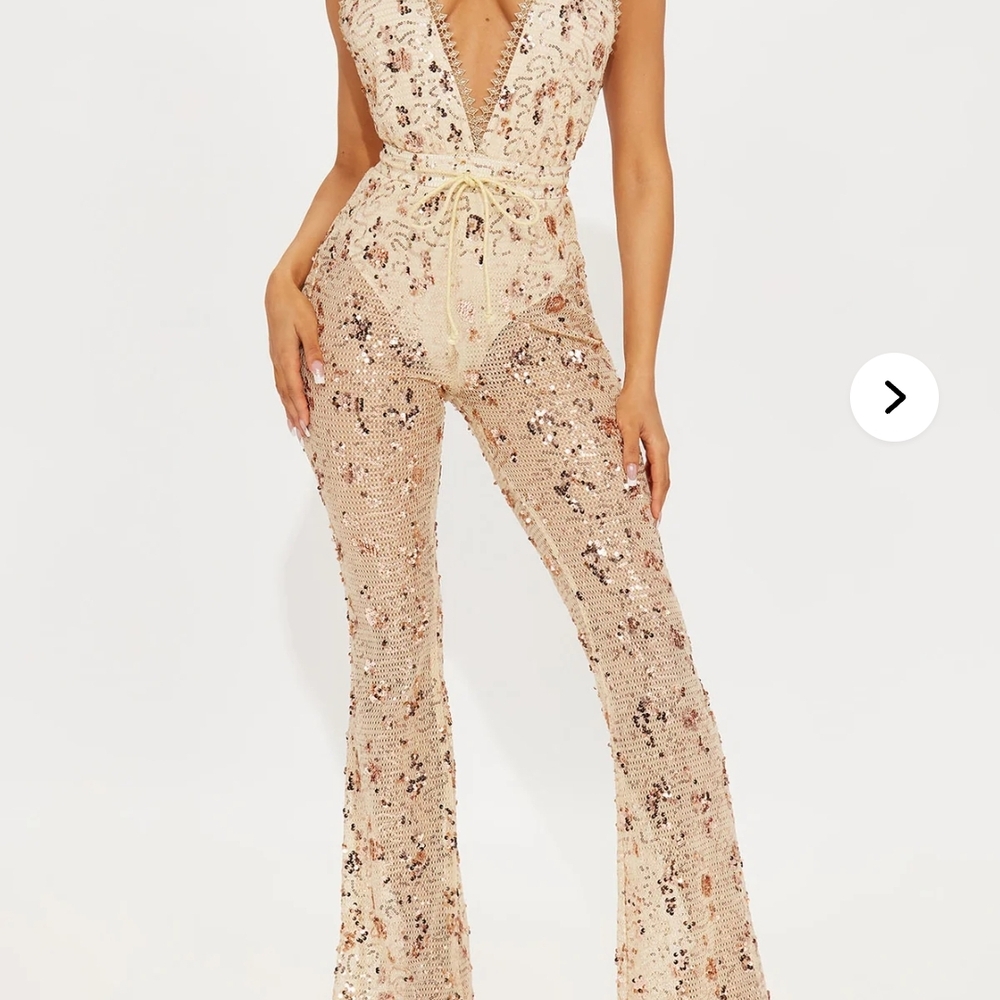 Fashion Nova Beige Floral Lace Jumpsuit
